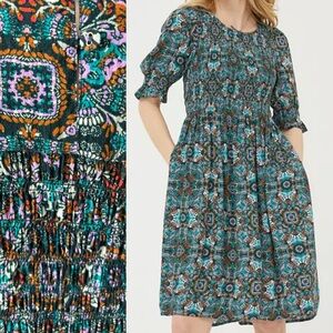 Fat Face Pacey Mirrored Floral Dress Teal Black Patterned Sz 14 Boho Festival